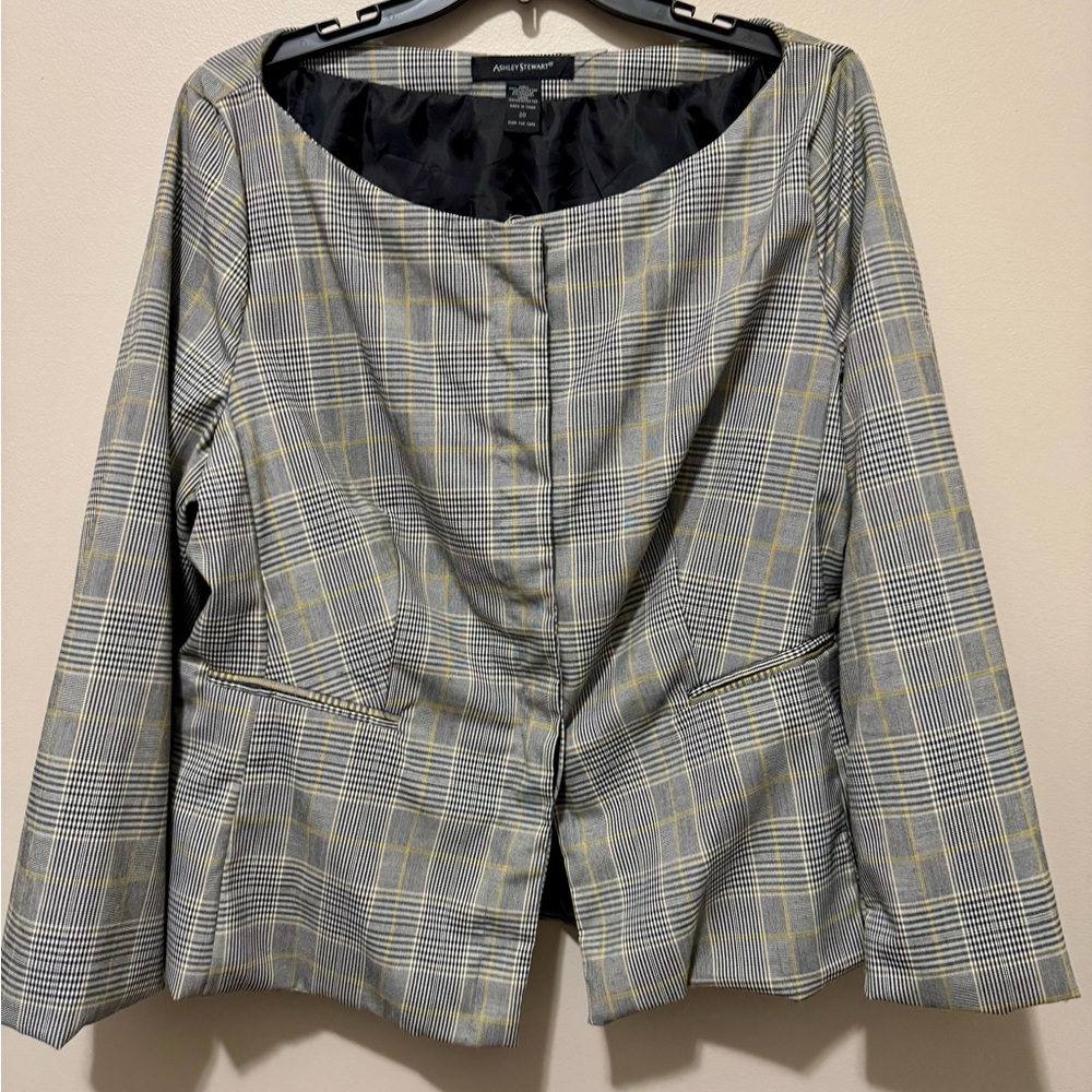 Collarless Plaid Blazer with Faux Leather Pencil Skirt